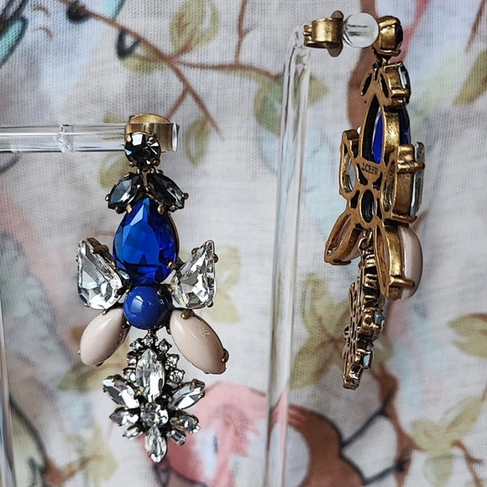 J. Crew Brand Sapphire Blue Opaque Cabachons Clear Rhinestones Pierced Earrings